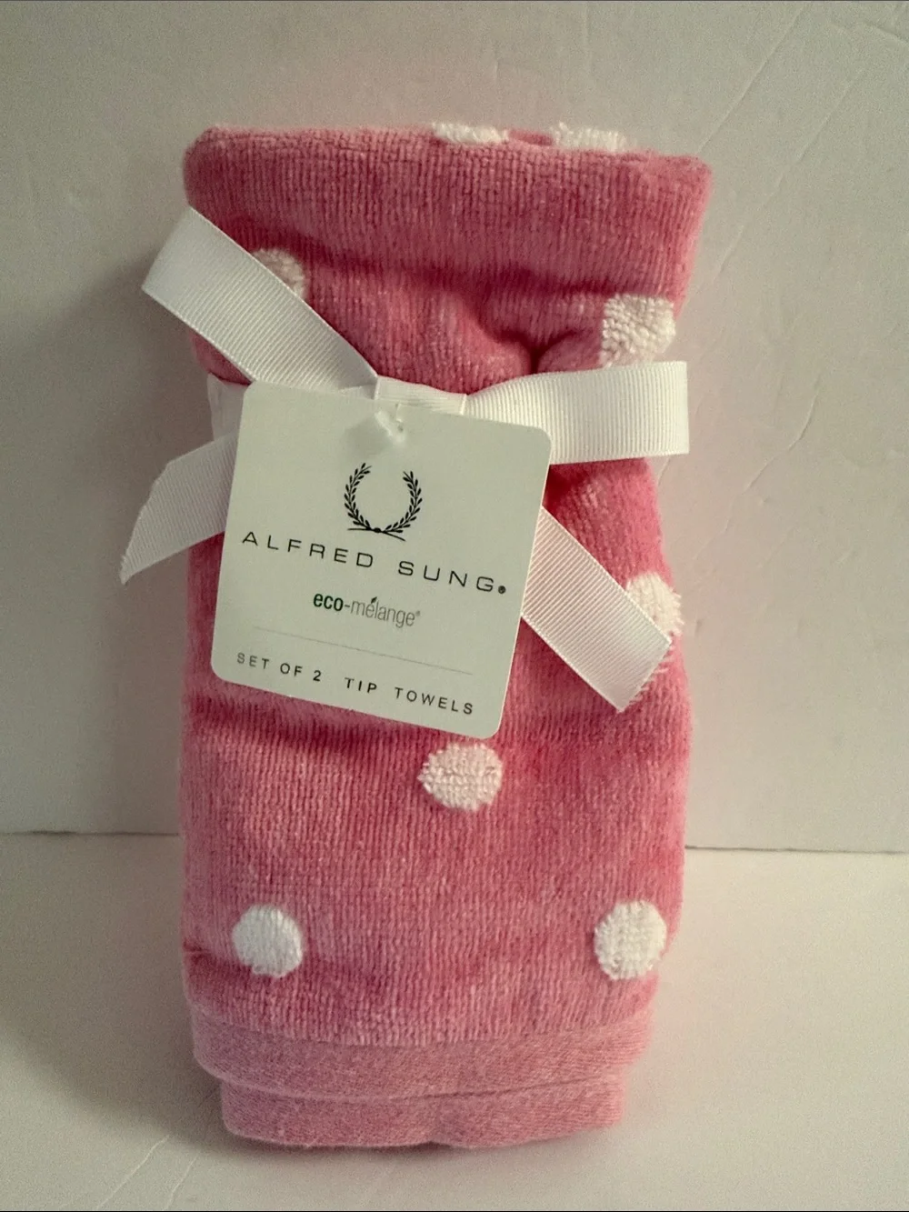 NWT Alfred Sung 6 Piece Cotton Blend Bath Towel Set Pink Raised White Polka Dots